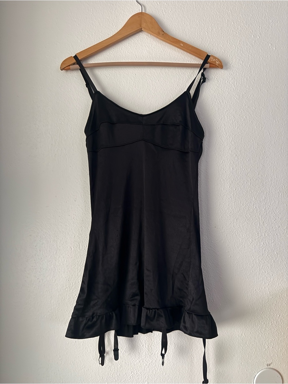LEG AVENUE SEXY SATIN Black Frill Cami Garter Slip Dress Nylon Spandex M/L